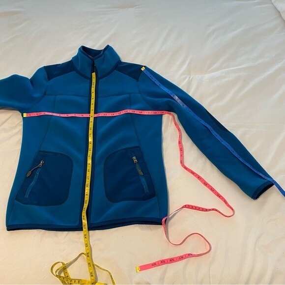 GREEN TEA Blue Fleece Navy Stripe Detail Two Zip Pockets Full Zip Front Size S - Picture 13 of 13